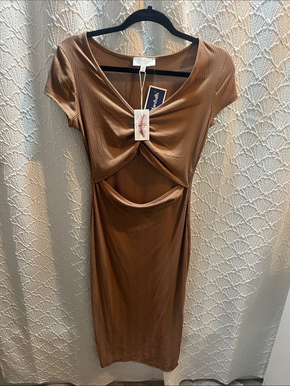 Jessica Simpson Brown Ribbed Twist Cutout Midi Dress